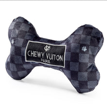 Load image into Gallery viewer, Black Checker Chewy Vuiton Bone Squeaker Dog Toy