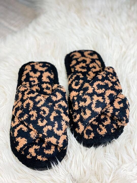 Leopard Criss Cross Fuzzy Slippers