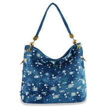 Load image into Gallery viewer, Pearl Studded Distressed Denim Hobo
